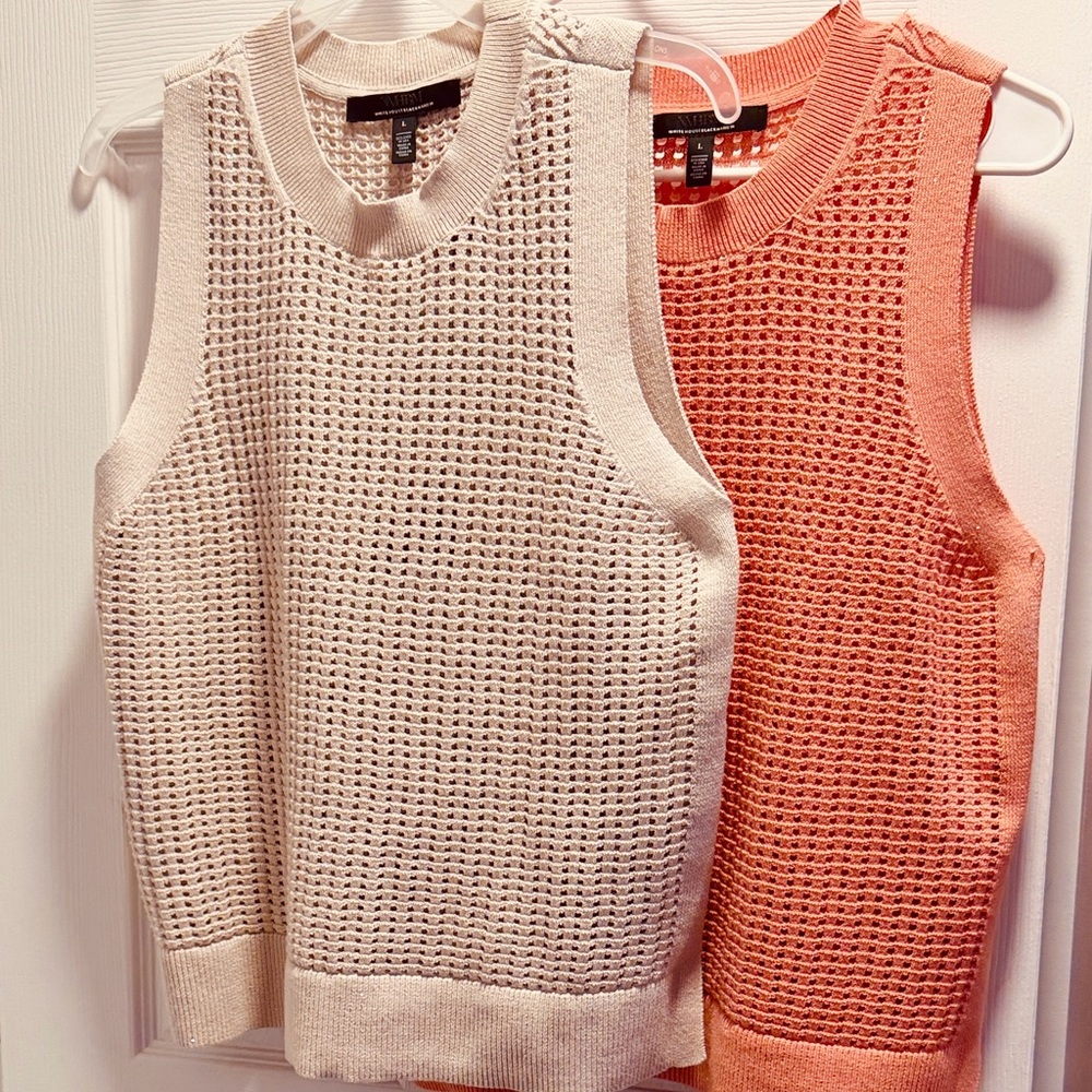 White House Black Market Open-Knit Tank — Cream & Coral Accent